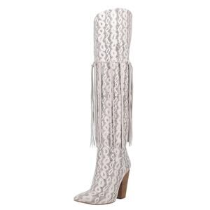 DINGO Womens Kitty Kat Fringe Cowboy Boots US 8.5M White Snake Snip Toe NIB